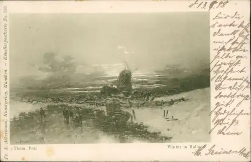 Windmühle Künstlerkarte: Gemälde v. Thom. Fox. "Winter in Holland" 1898