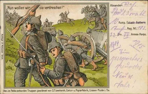 Ansichtskarte  "Nun wollen wir sie verdreschen!" Propaganda 1.WK dd 1914