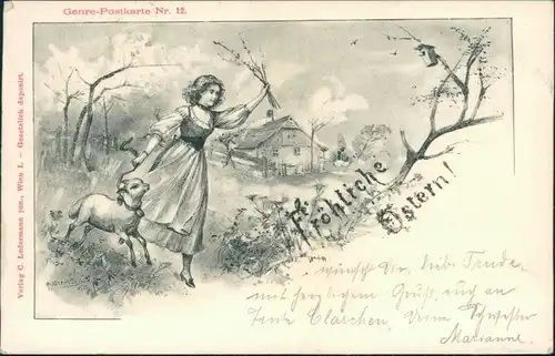 Ansichtskarte  Glückwunsch/Grußkarten: Ostern - Frau mit Lamm 1899