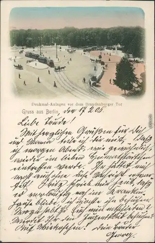Ansichtskarte Berlin Denkmal-Anlagen vor dem Brandenburger Tor Straßenbahn 1905