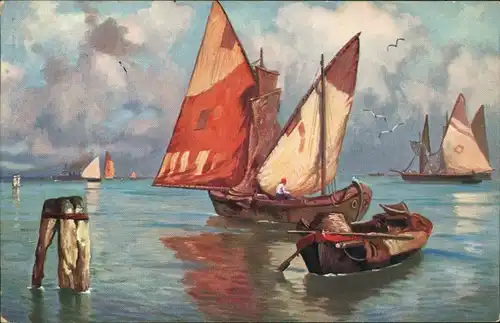 Kühlungsborn Künstlerkarte: Gemälde "Segelboote auf der Ostsee" 1915