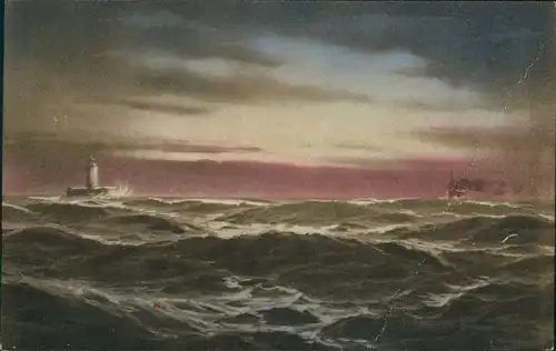 Ansichtskarte  Künstlerkarte: Gemälde "Meer, Leuchtturm, Schiff" 1915