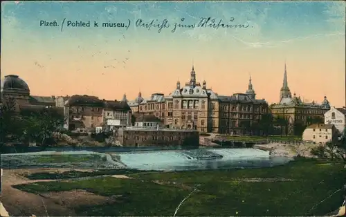 Ansichtskarte Pilsen Plzeň Blick auf Stadt, Wehr und Museum 1925 