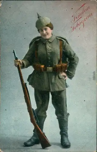 Ansichtskarte  Fräulein Feldgrau, Gewehr und Pickelhaube 1916 