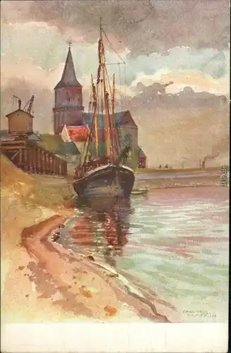  Künstlerkarte: Gemälde v. Carl Voss "Segelschiff" am Strand 1914