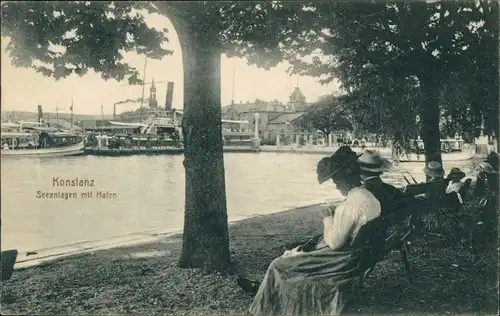 Ansichtskarte Konstanz Seeanlagen mit Hafen 1914