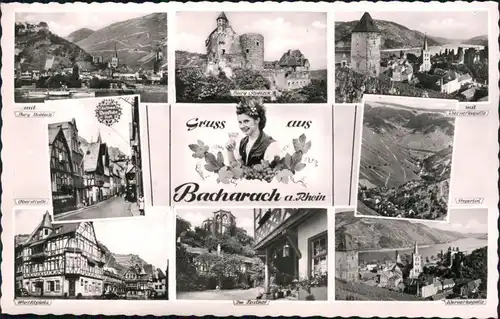 Bacharach Burg Stahleck, Panorama, Oberstraße, Markt, Posthof,  1956