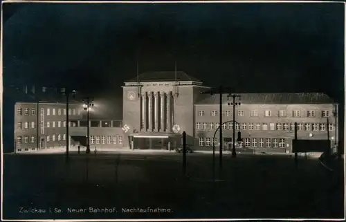 Ansichtskarte Zwickau Hauptbahnhof/Neuer Bahnhof bei Nacht 1939