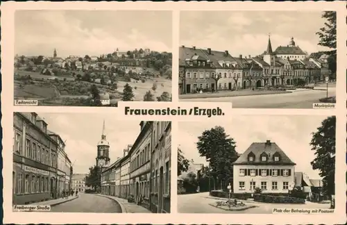 Frauenstein (Erzgebirge) Teilansicht, Marktplatz, Freiberger Straße, Platz der Befreiung mit Postamt 1960