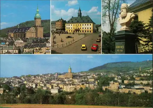 Annaberg-Buchholz Kirche, Markt, Adam-Ries-Denkmal, Panorama 1990