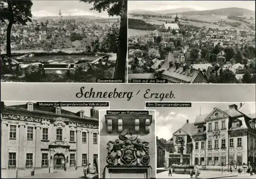 Schneeberg (Erzgebirge) Panorama, Museum, Wappen am Rathausturm,  1975