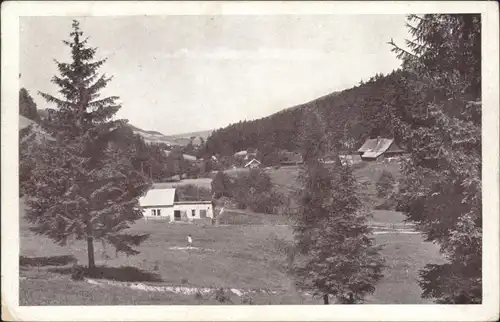 Ansichtskarte Rajnochovice Blick über Wiesen und Hütten 1947