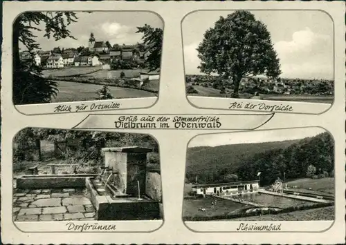 Vielbrunn-Michelstadt Ortsmitte, Bei der Dorfeiche, Dorfbrunnen, Schwimmbad 1956