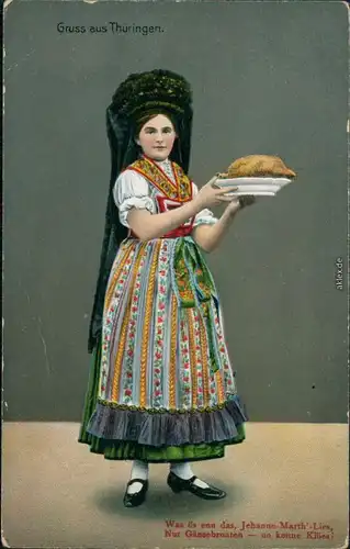 _Thüringen (Allgemein) Typen - Trachten (Thüringen) - Frau mit Gänsebraten 1914 