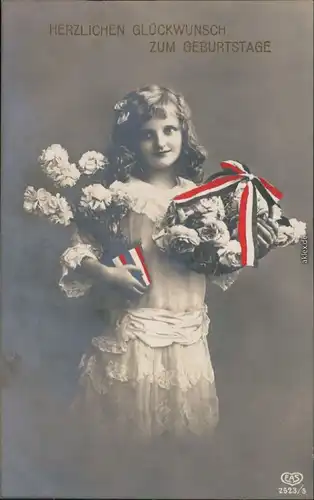 Glückwunsch Geburtstag - Mädchen mit Blumen in der Hand Patriotika 1916