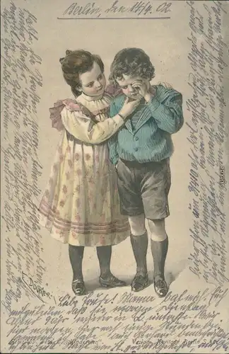  Mädchen - tröstet Jungen, Künstlerkarte F. Dölker Kindereien 1902 