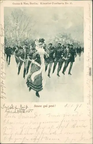 Ansichtskarte  Frau und Soldaten beim Schlttschuh laufen 1898 