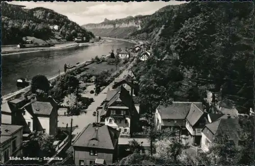 Ansichtskarte Schmilka Blick auf den Ort mit Elbe 1961