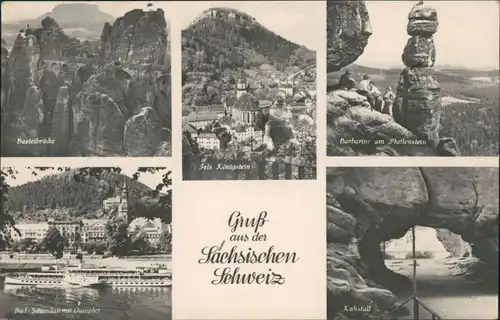 Sächsische Schweiz - Basteibrücke, Fels Königstein, Barbarine, Dampfer,  g1956