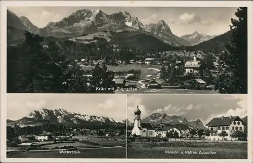 Ansichtskarte Krün 3 Bild: Stadt, Pension und Kaffee 1936 