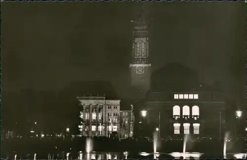 Ansichtskarte Kiel Rathaus u. Stadttheater bei Nacht 1965