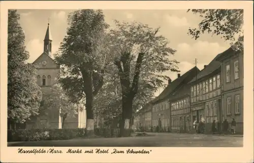 Ansichtskarte Hasselfelde Markt mit Hotel "Zum Schweden" 1955