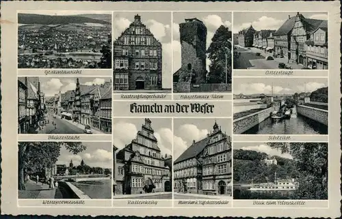 Hameln Panorama, Weserpromenade, Rattenkrug,   Schleuse, Osterstraße 1957