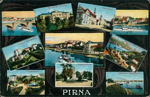 Ansichtskarte Pirna Brücke, Obermarkt, Dampfer, Friedenspark 1915