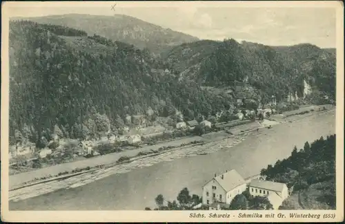Ansichtskarte Schmilka Panorama-Ansicht mit Gr. Winterberg (553 m) 1955