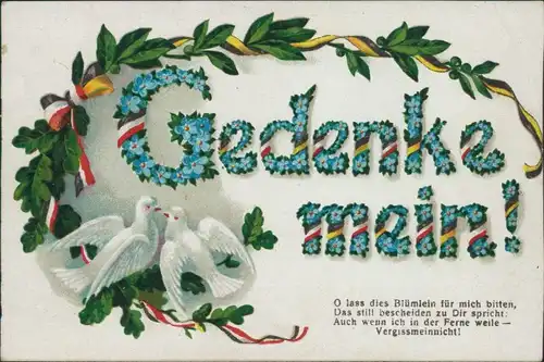  Glückwunsch / Grusskarten: Gedenke mein! unt Turteltauben 1922 Prägekarte