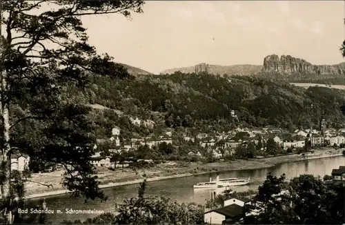 Postcard Bad Schandau Elbdampfer, Blick auf den Ort 1962