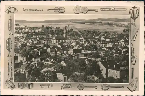 Ansichtskarte Markneukirchen Blick auf die Stadt Ornament Instrumente 1940