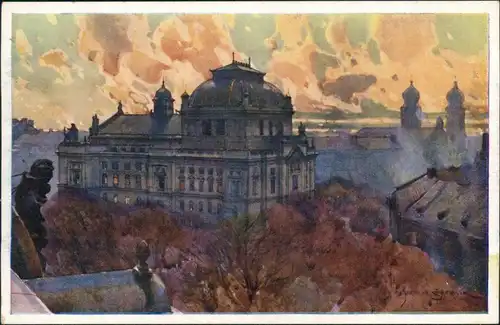 Pilsen Plzeň Künstlerkarte: Gemälde "das städtische Theater" 1929