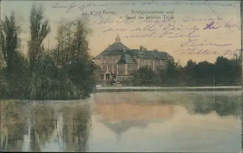 Ansichtskarte Borna Realgymnasium und Insel im breiten Teich 1924