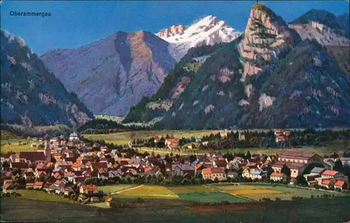 Ansichtskarte Oberammergau Blick auf den Ort mit Bergen Kofel und Not 1914
