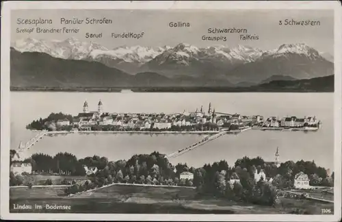 Ansichtskarte Lindau (Bodensee) Panorama-Ansicht mit Insel und Bergmassiv 1933