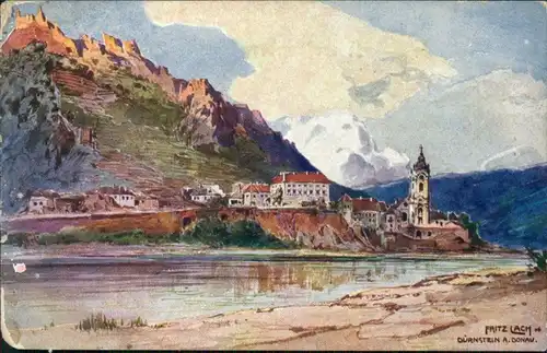 Dürnstein Künstlerkarte: Gemälde v. Fritz Lach "Dürnstein an der Donau" 1916