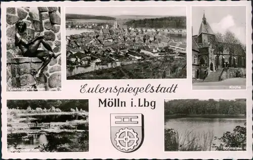 Mölln (Schleswig-Holstein) Eulenspiegelbrunnen, Panorama, Kirche Kolk 1959