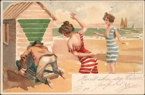 Ansichtskarte  Scherzkarte Frauen versohlen Mann am Strand 1901