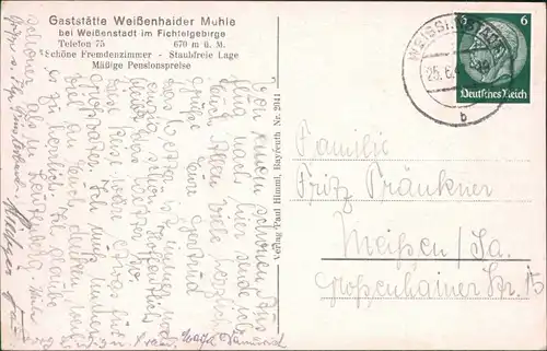 Ansichtskarte Weißenstadt Gaststätte Weißenhaider Mühle 1941 