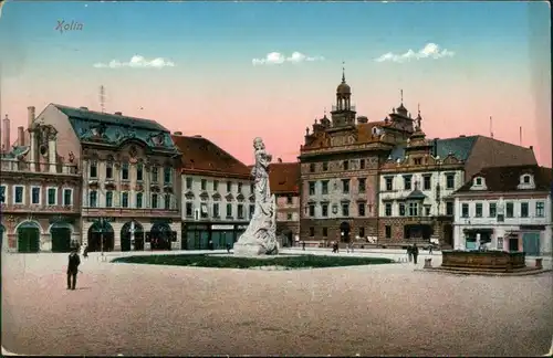 Postcard Kolin Kolín Marktplatz mit Statue 1917