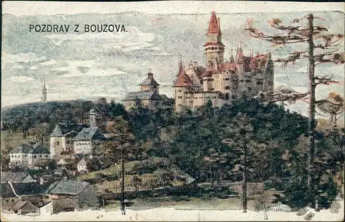 Postcard Busau (Mähren) Bouzov Ort mit Burg 1919