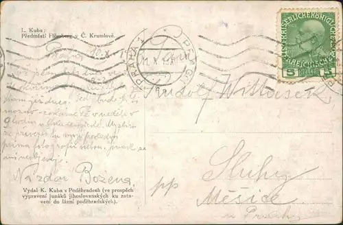 Flößberg-Böhmisch Krumau Plešivec Český Krumlov Künstlerkarte von L. Kuba 1913