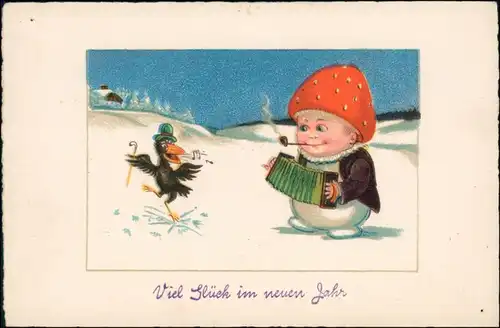 Ansichtskarte  Neujahr - Fliegenpilz als Mensch 1928 
