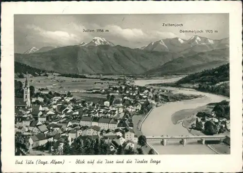 Ansichtskarte Bad Tölz Blick auf den Ort, Isar und Tiroler Berge 1954