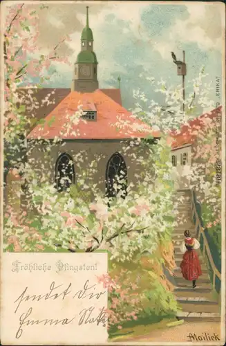 Mailick   Pfingsten - Kirche, Frau geht Treppe hinauf, Kirschblüte 1905
