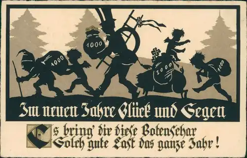 Neujahr: Glücksschwein, Engel, Schornsteinfeger, Zwerg  1941 Goldrand