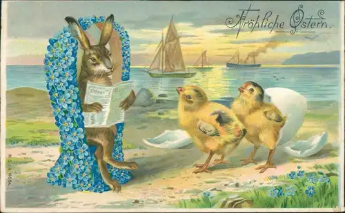 Ostern - Hase und Küken am Strand, zerbrochenes Ei 1909 Prägekarte