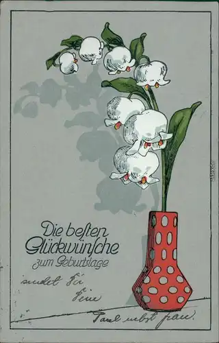 Glückwunsch/Grußkarten: Geburtstag - Maiglöckchen   gepunkteten Vase 1915