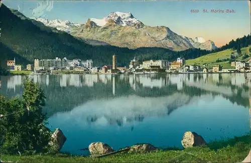 Ansichtskarte St. Moritz Blick auf den Ort mit See und Bergkette 1924